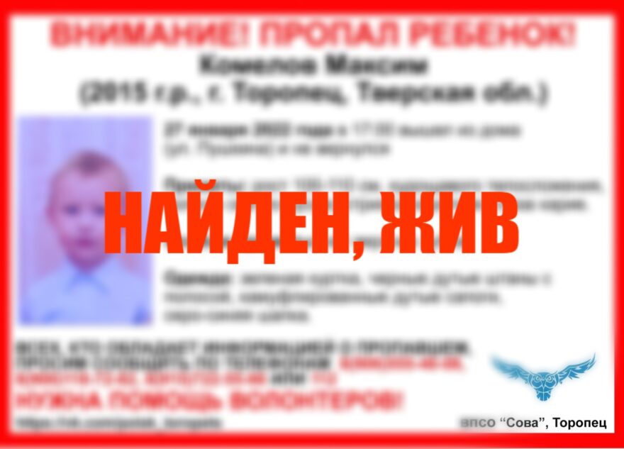 Семилетний мальчик из Тверской области, которого искал весь город, нашёлся