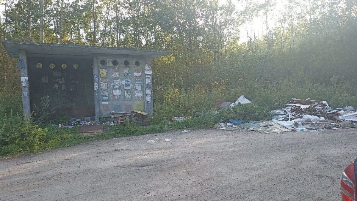 Под Тверью пассажиры ждут автобус на досках среди мусора