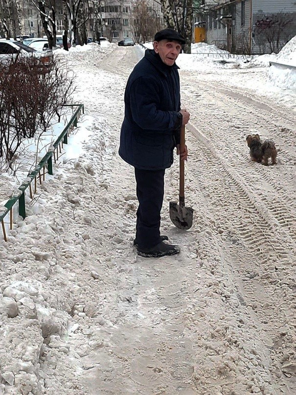 Пожилой житель Тверской области расчищает двор от снега вместо УК