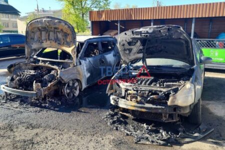 Из-за пожара ночью под Тверью сгорели две иномарки