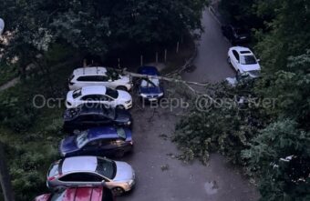 Во время урагана в Твери дерево упало на три машины