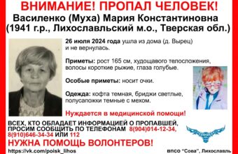 В Тверской области пропала пенсионерка с рыжими волосами В Тверской области пропала пенсионерка с рыжими волосами