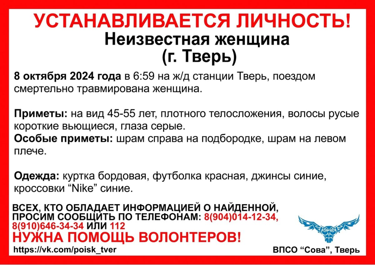 Жителей Тверской области просят опознать женщину, которую сбил поезд