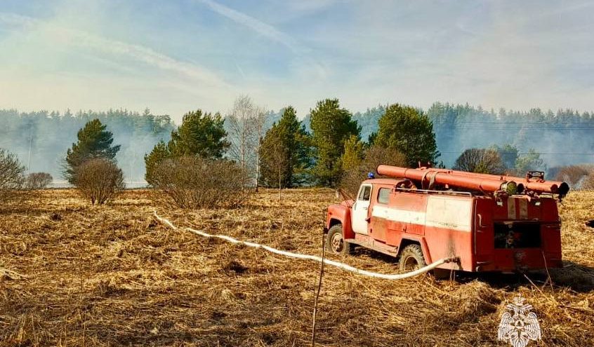 Гектары сухой травы горят в Тверской области