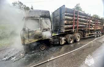 В Тверской области на ходу загорелся лесовоз лесовоз