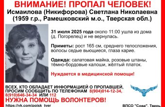 В Тверской области пропала женщина в жёлтом платке пропала