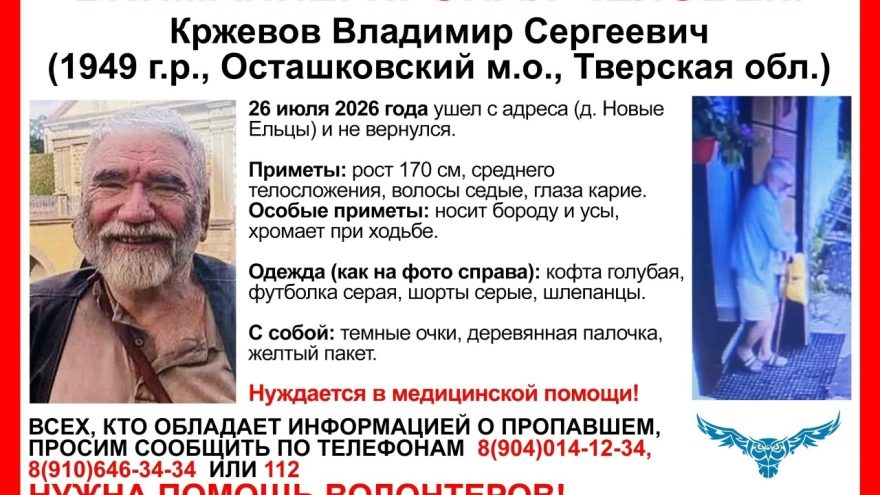 В Тверской области пропал пенсионер с палочкой