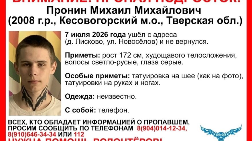 В Тверской области ищут пропавшего подростка с татуировками